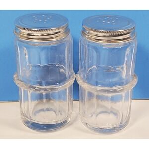 Vintage Hoosier Cabinet Ribbed Glass Spice Jars Metal Lids Vintage Set of 2